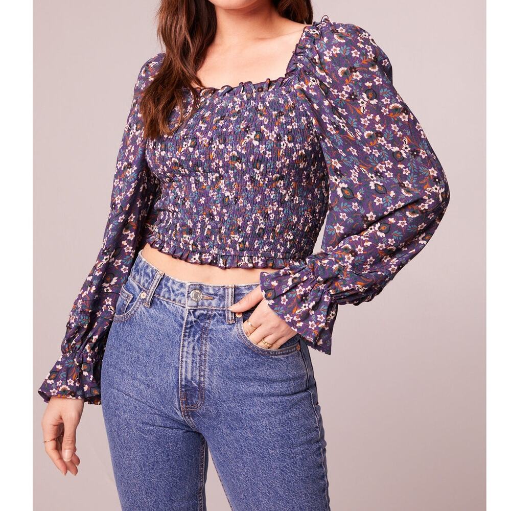 Band of the Free Agathe Purple Floral Smocked Boho Stretch Casual Top XS